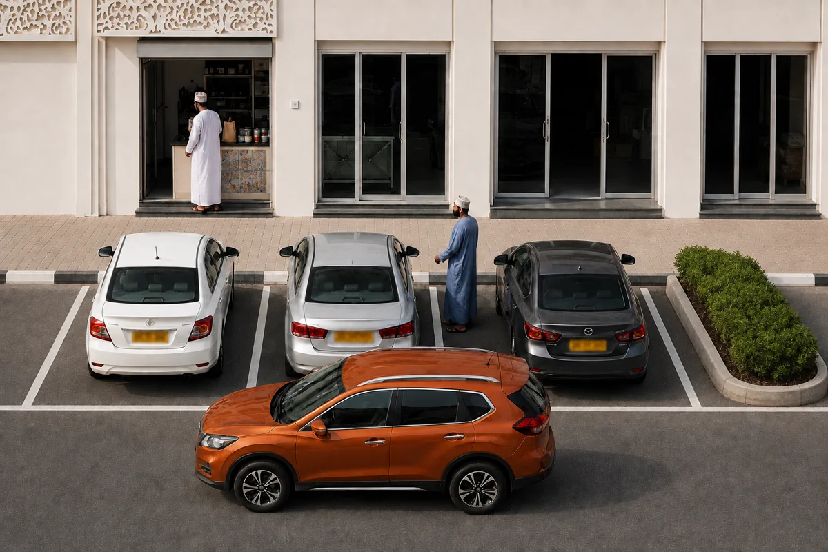 All three parking bays outside a clean Muscat shop are occupied. The orange car is behind the silver car; its owner is at the counter and the silver car’s driver is outside.