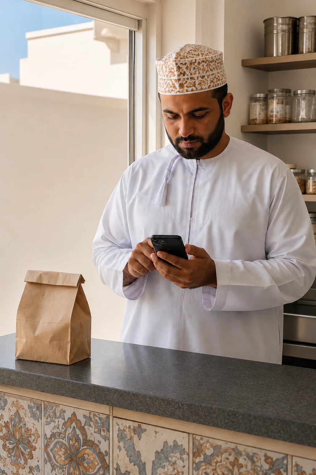 The orange car’s owner, wearing a white dishdasha and kumma, uses his phone beside his pickup bag at the shop counter.