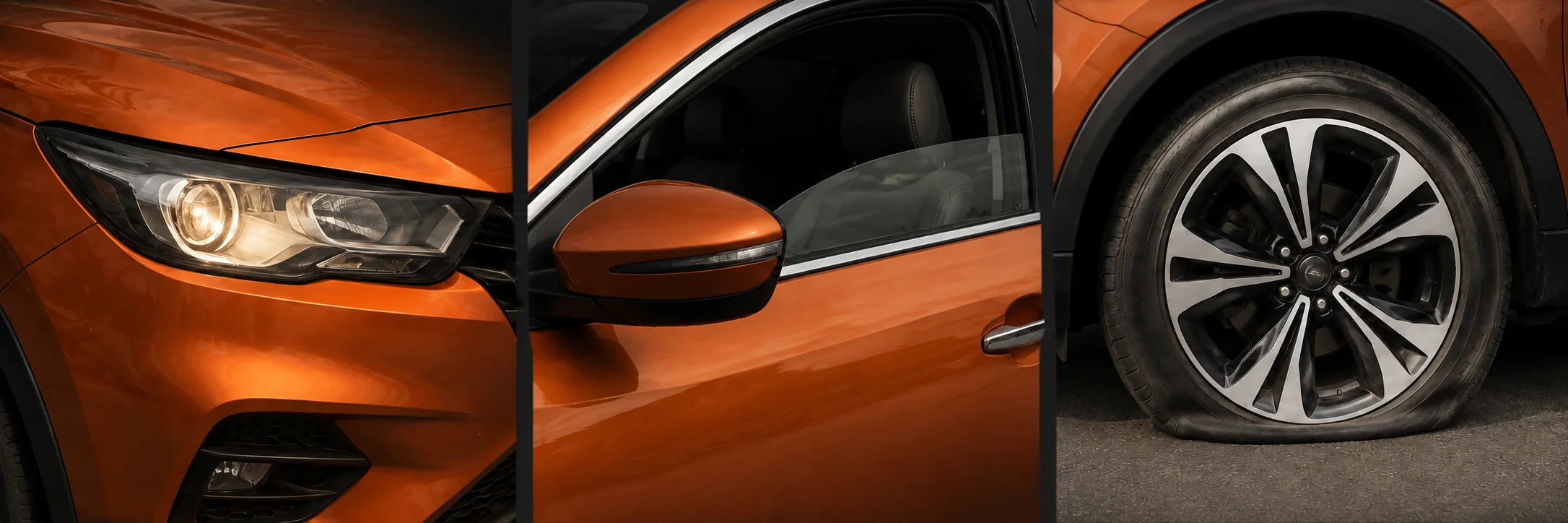 Three separate rectangular details of the same orange car: headlights left on, a half-open side window, and a flat tyre.