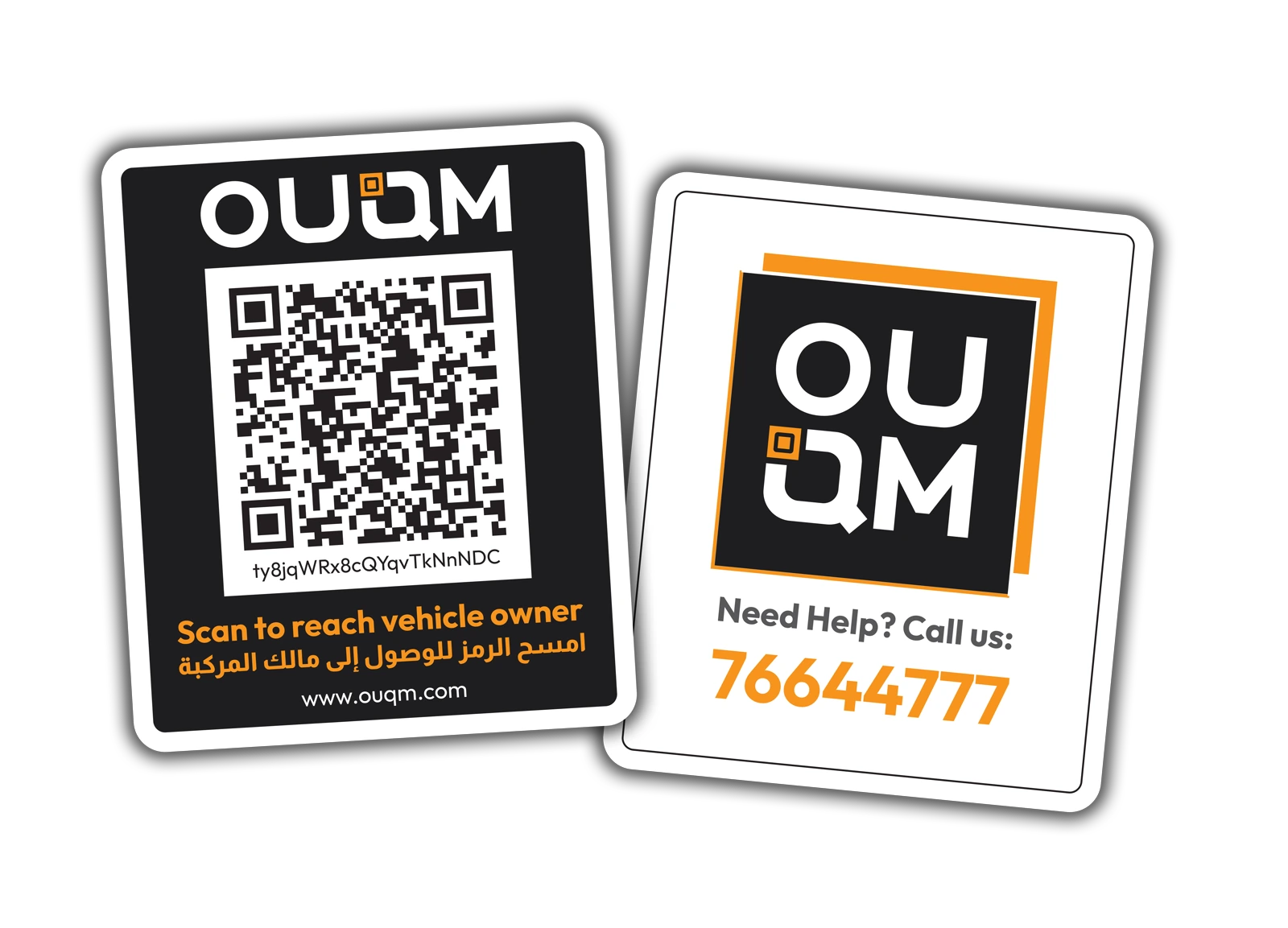 Front and back of the OUQM tag: scan the QR code to reach the vehicle owner